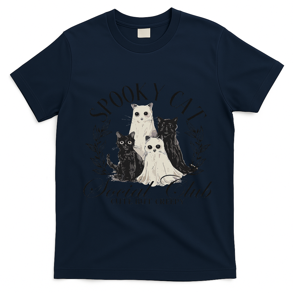 Spooky Cat Social Club Ghost Cat Halloween Gothic Black Cat T-Shirt - Navy Blue
