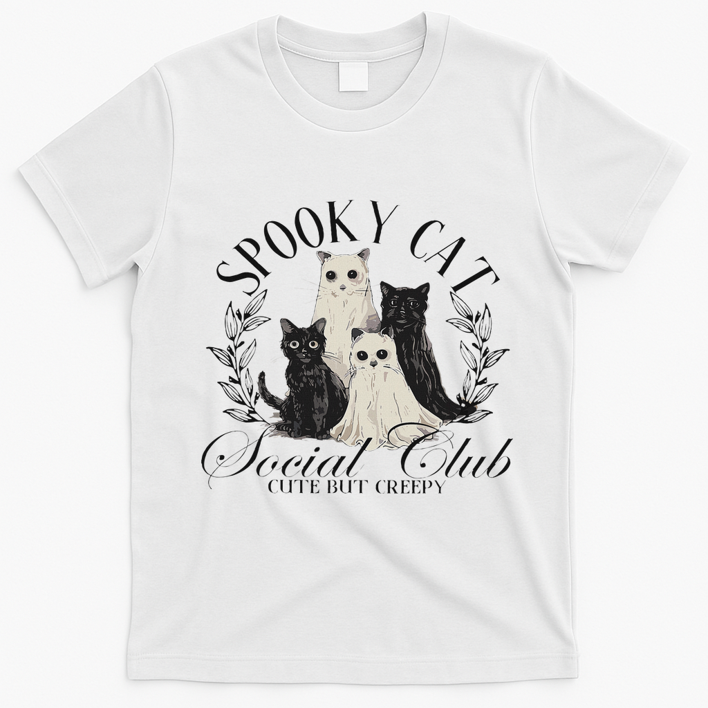 Spooky Cat Social Club Ghost Cat Halloween Gothic Black Cat T-Shirt - White