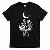 Skeleton Couple Under The Moon Playing Guitar Graphic T-Shirt - Black