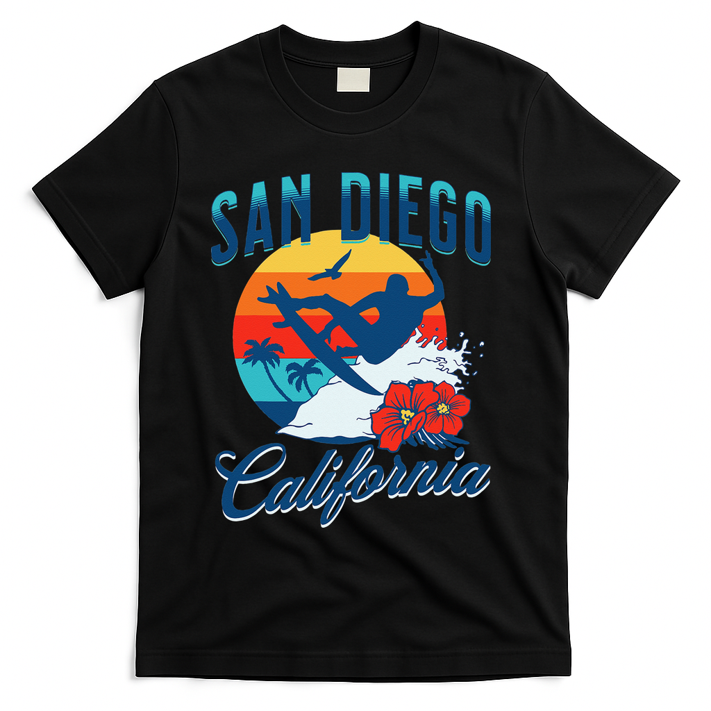 San Diego California Beach Surf Summer Vacation Vintage T-Shirt - Black
