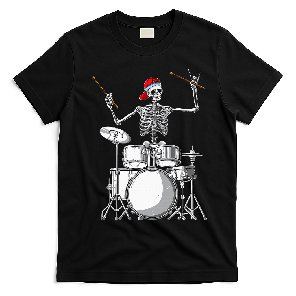 Skeleton Drummer Halloween Costume Playing Drums Gift T-Shirt - Black