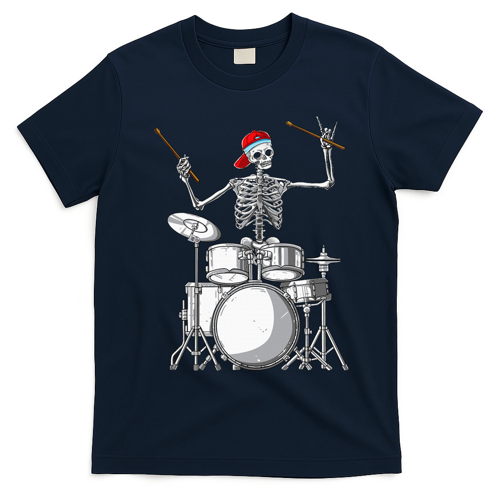 Skeleton Drummer Halloween Costume Playing Drums Gift T-Shirt - Navy Blue