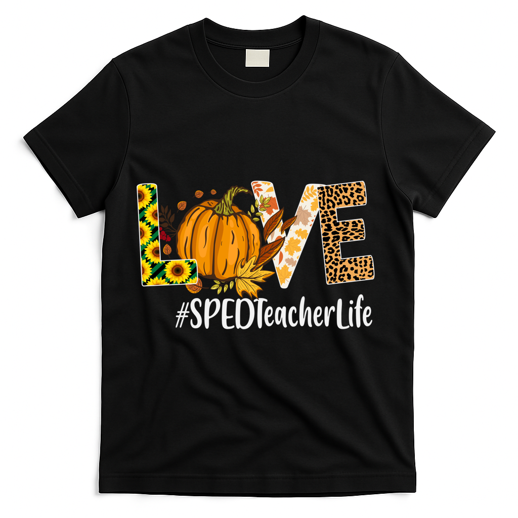 Special Education Teacher Love Fall Leopard Halloween Autumn Gift T-Shirt - Black
