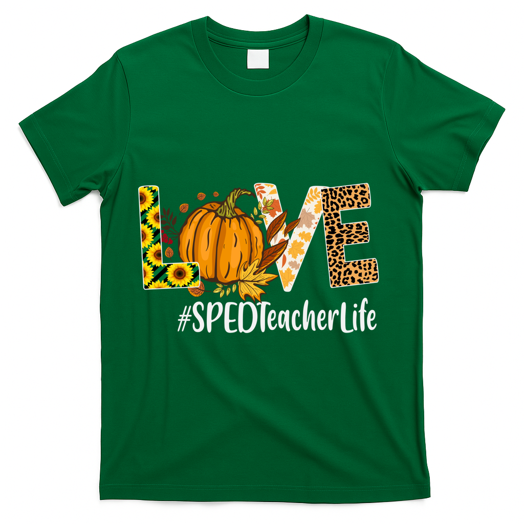 Special Education Teacher Love Fall Leopard Halloween Autumn Gift T-Shirt - Green