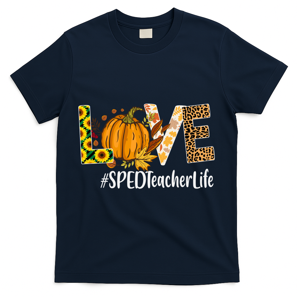 Special Education Teacher Love Fall Leopard Halloween Autumn Gift T-Shirt - Navy