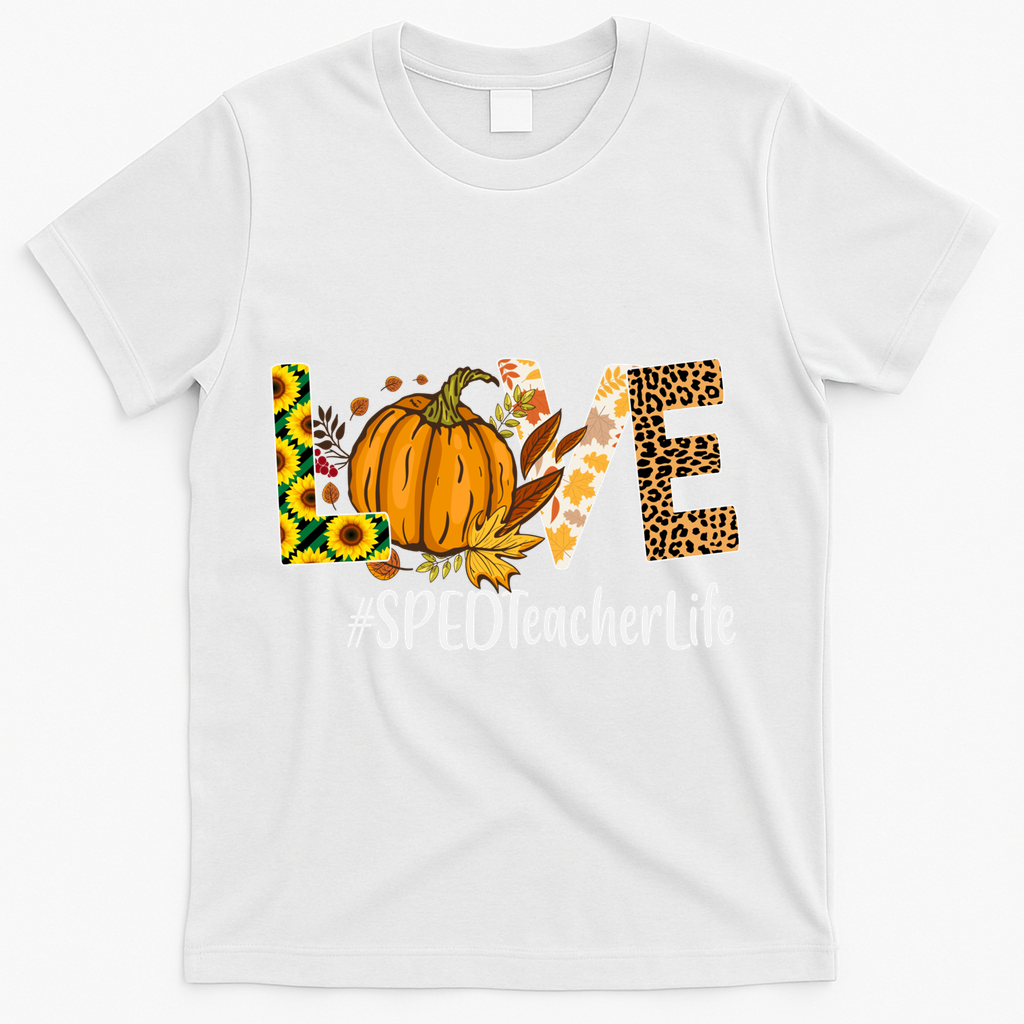 Special Education Teacher Love Fall Leopard Halloween Autumn Gift T-Shirt - White