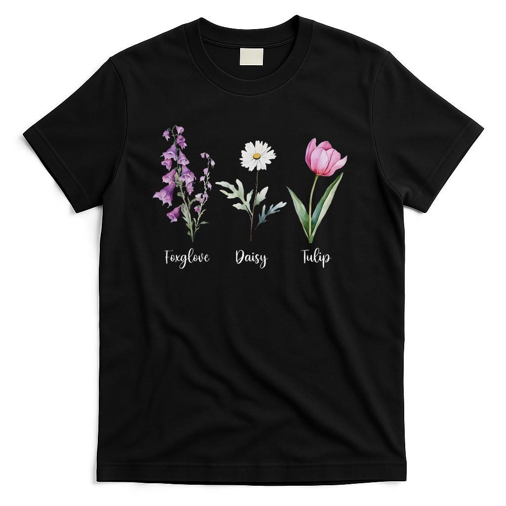 Subtle Floral Anti Trump Flowers Foxglove Daisy Tulip Funny T-Shirt - Black