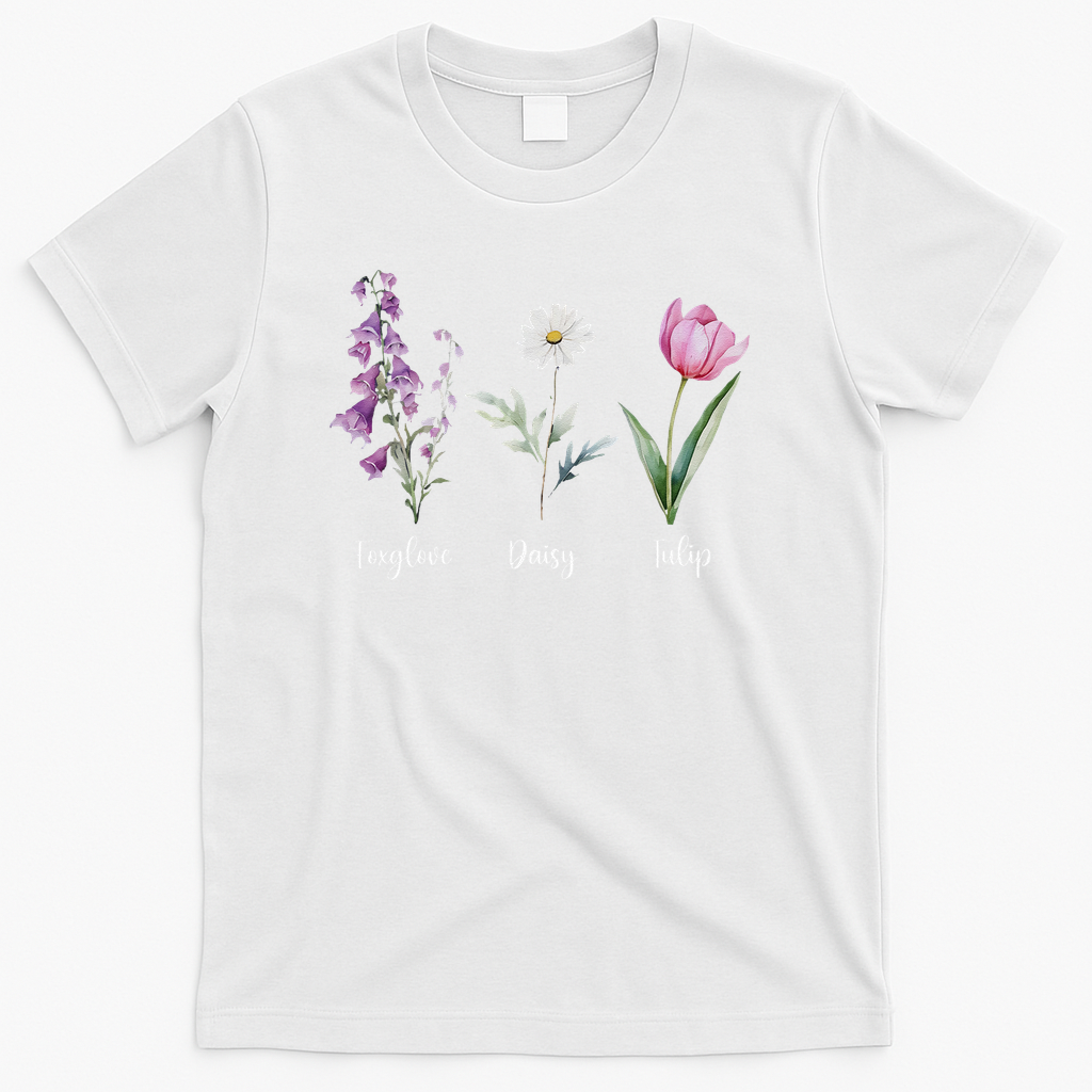 Subtle Floral Anti Trump Flowers Foxglove Daisy Tulip Funny T-Shirt - White