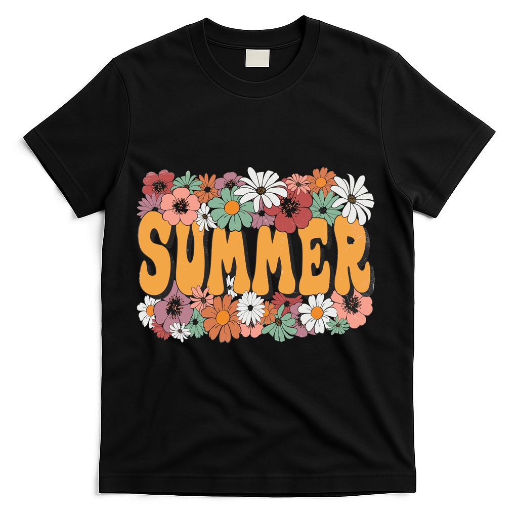 Summer Flowers Beautiful Summer Floral Retro T-Shirt - Black