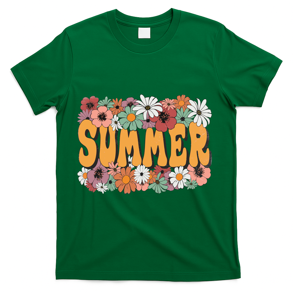 Summer Flowers Beautiful Summer Floral Retro T-Shirt - Green