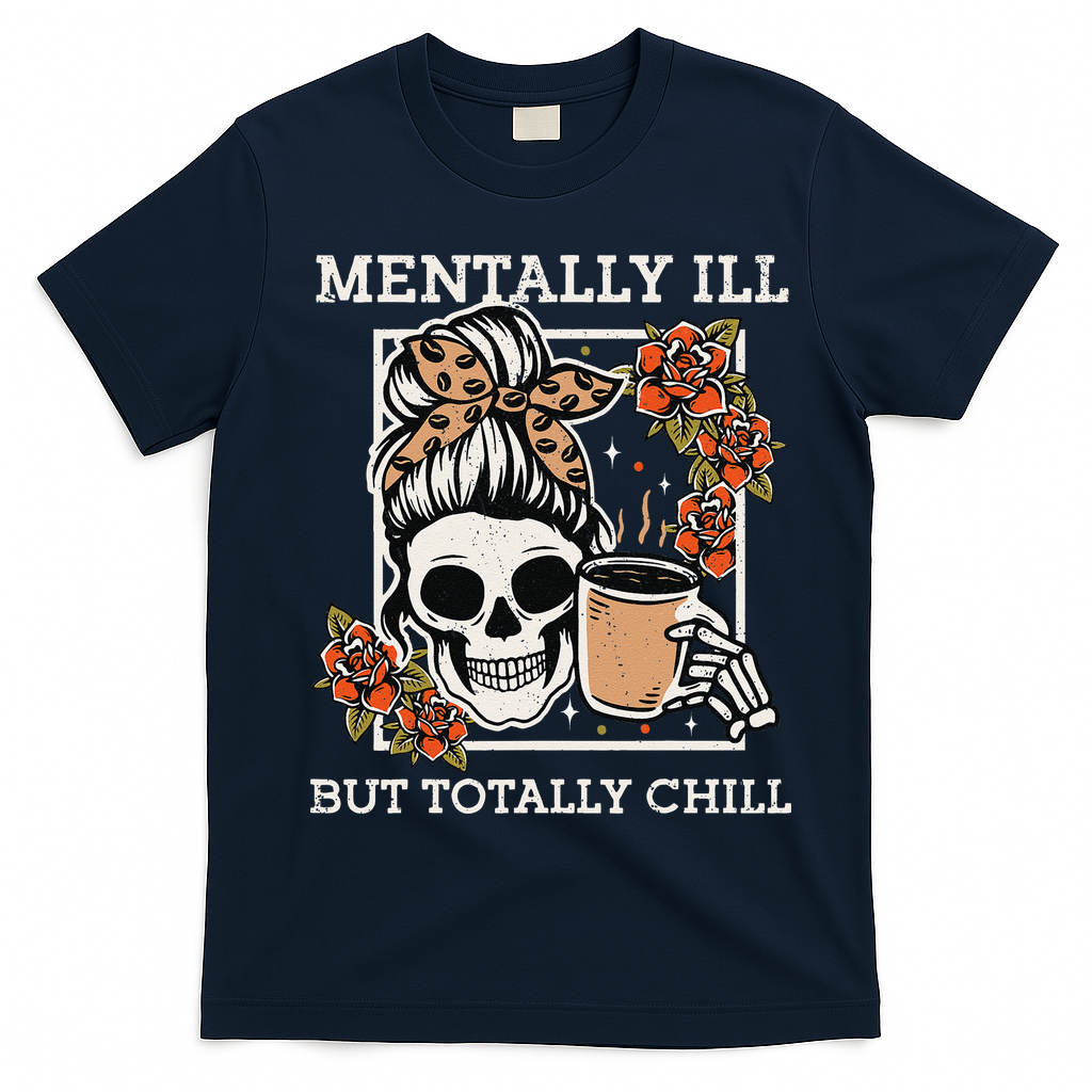 Skeleton Funnytally Ill But Totally Chill Halloween Skull Mom T-Shirt - Navy Blue