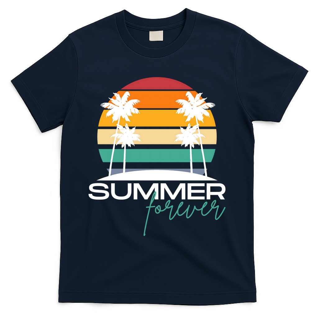 Summer Forever Retro Sunset Tropical T-Shirt - Navy