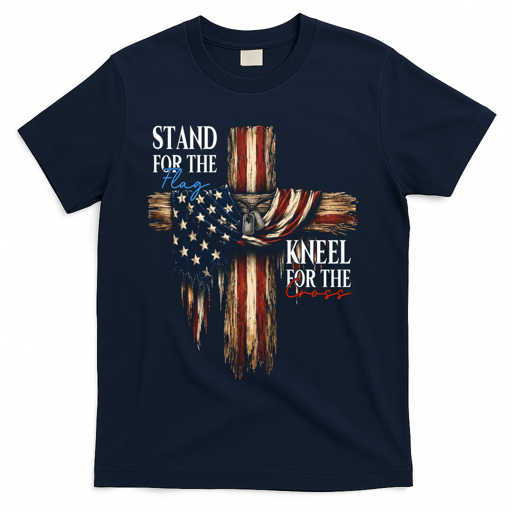 Stand For The Flag Kneel For The Cross Patriotic Christian T-Shirt - Navy