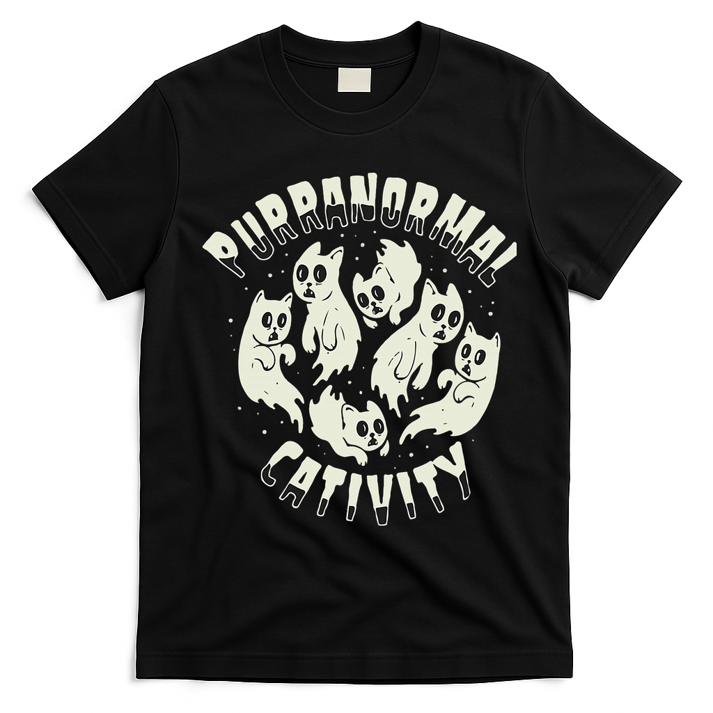 Spooky Ghost Cat Paranormal Funny Activity T-Shirt - Black