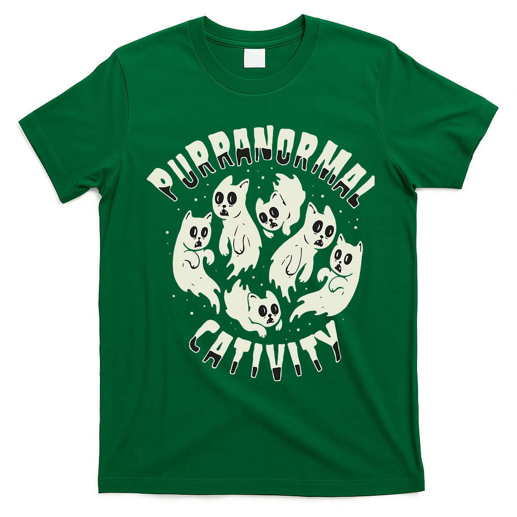 Spooky Ghost Cat Paranormal Funny Activity T-Shirt - Irish Green