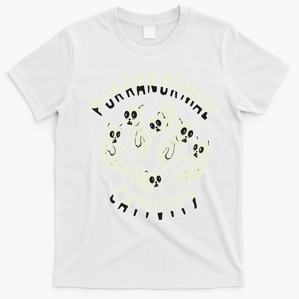 Spooky Ghost Cat Paranormal Funny Activity T-Shirt - White