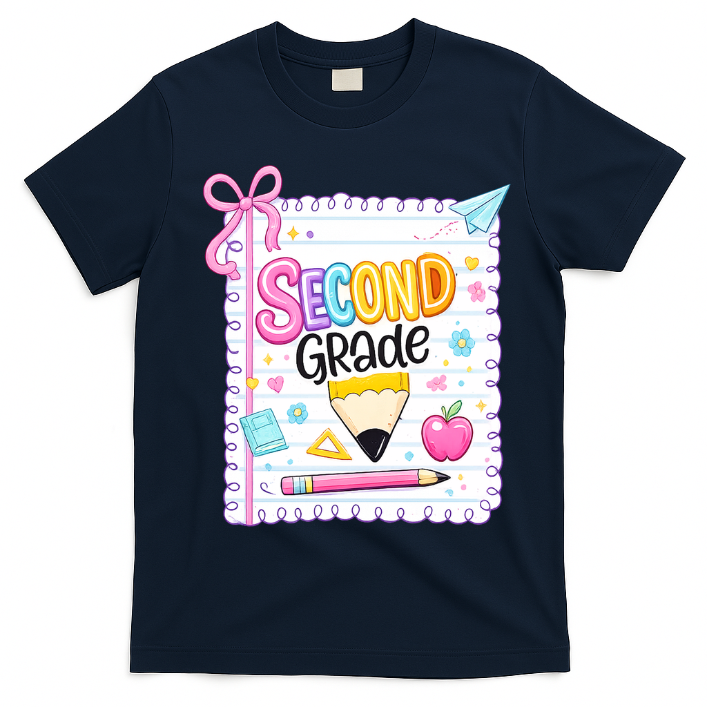 Second Grade Coquette Pencil First Day Of School T-Shirt - Navy Blue