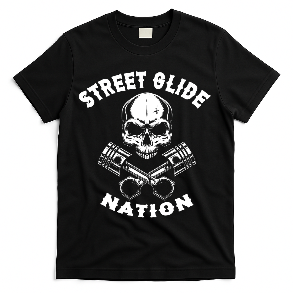 Street Glide Nation Skull And Pistons Biker  T-Shirt - Black