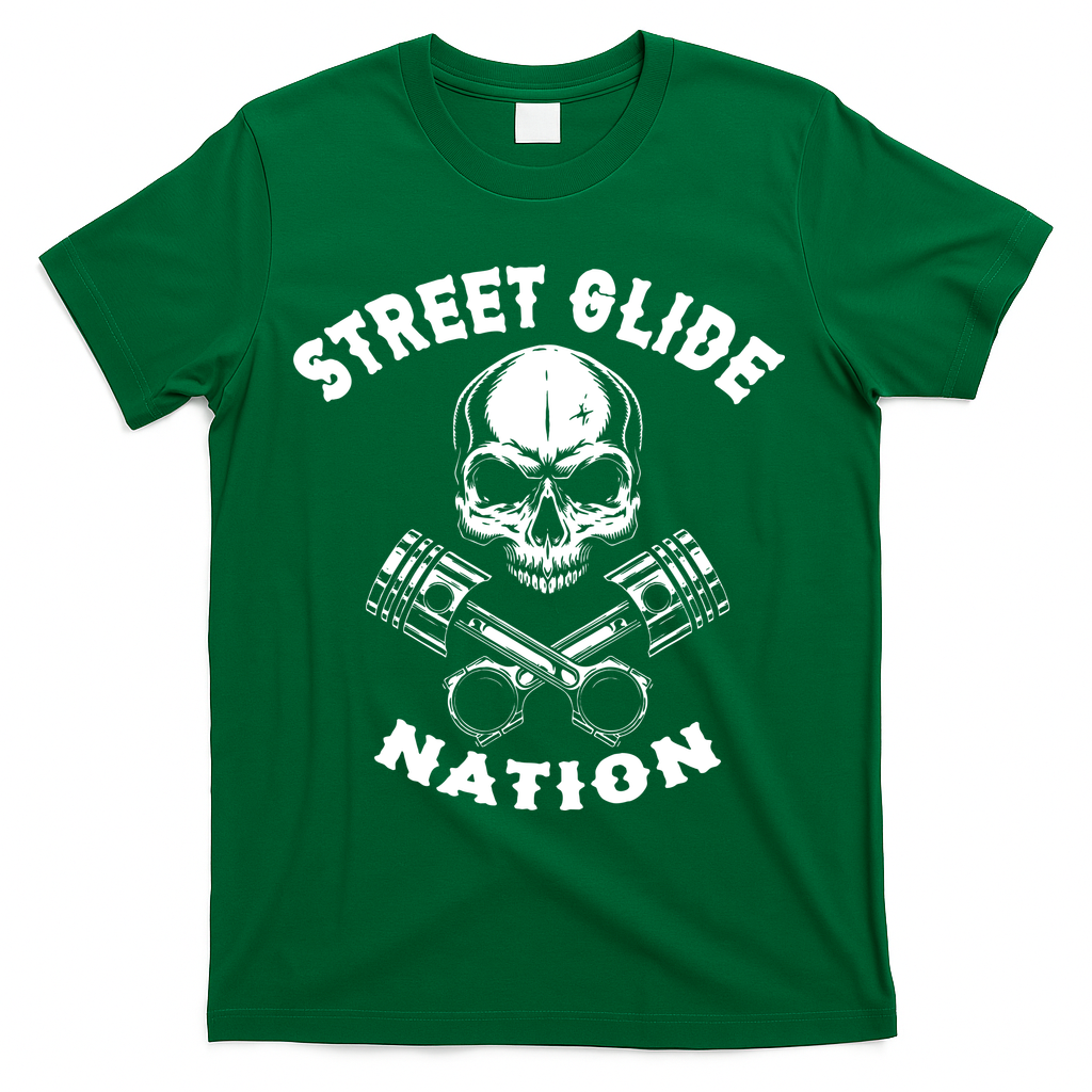 Street Glide Nation Skull And Pistons Biker  T-Shirt - Green