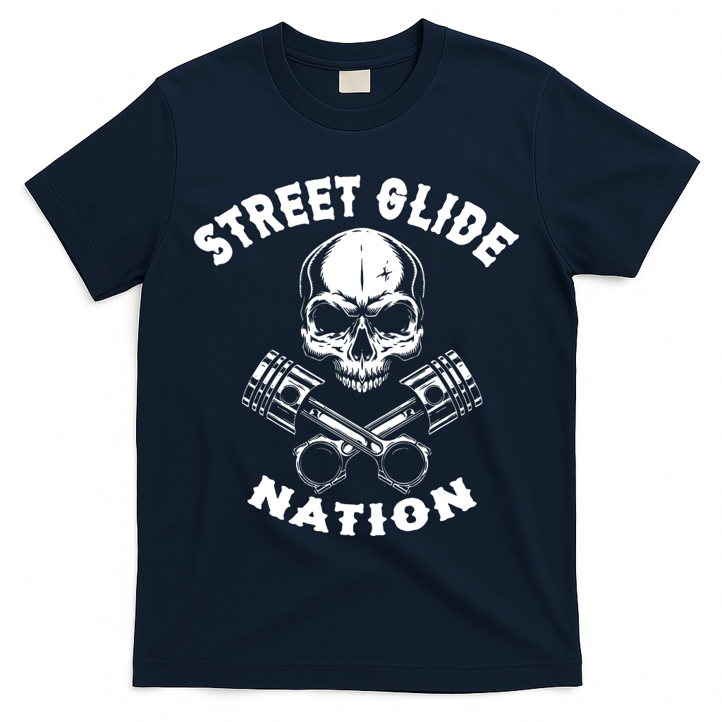 Street Glide Nation Skull And Pistons Biker  T-Shirt - Navy