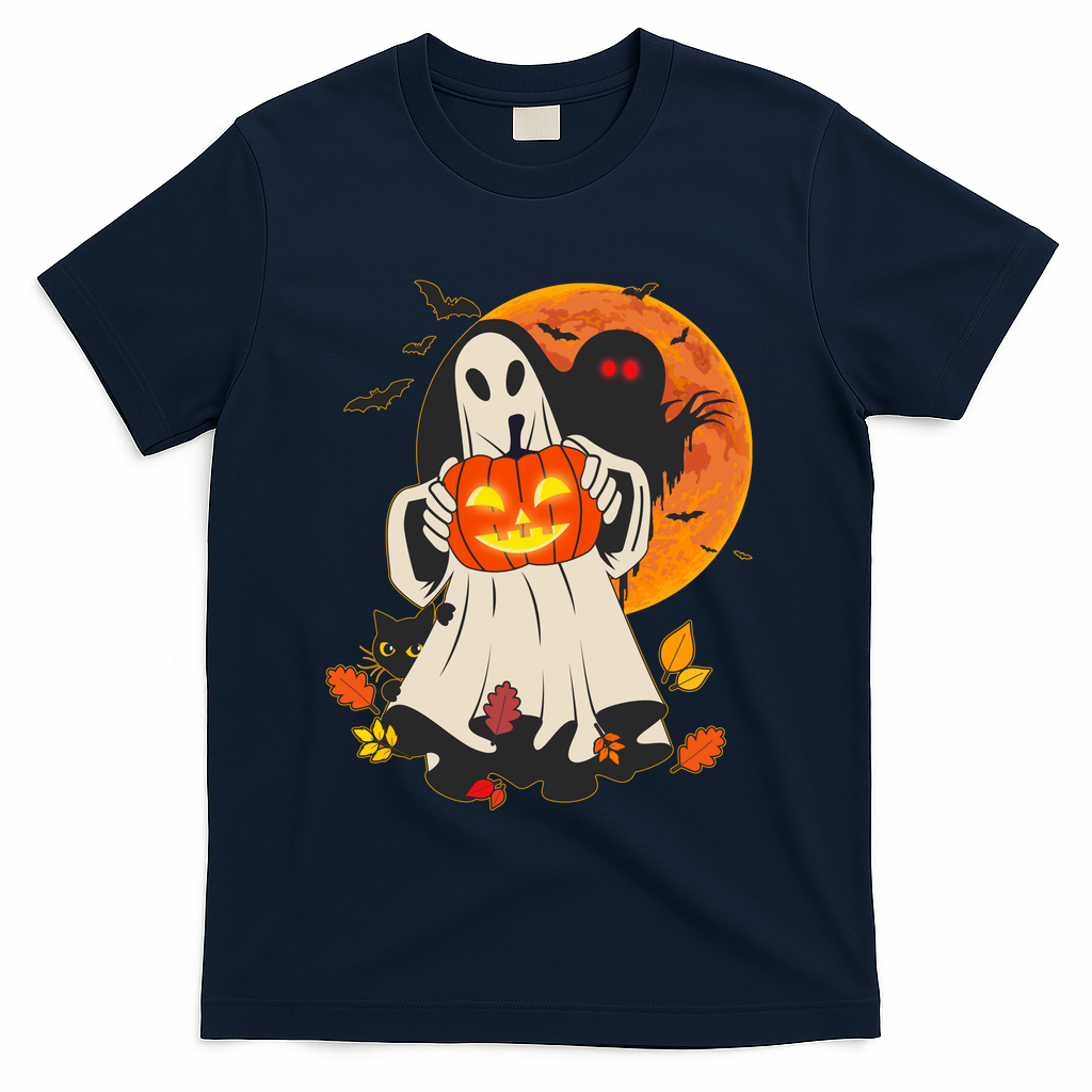 Spooky Halloween Autumn Ghost Jackolantern T-Shirt - Navy
