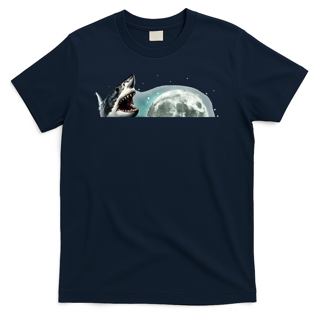 Sharks Howling At Moon Cosmic Space T-Shirt - Navy Blue