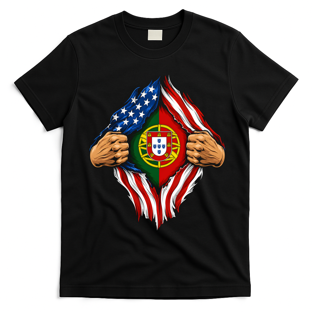 Super Hero American Portuguese Pride Combo Flag T-Shirt - Black