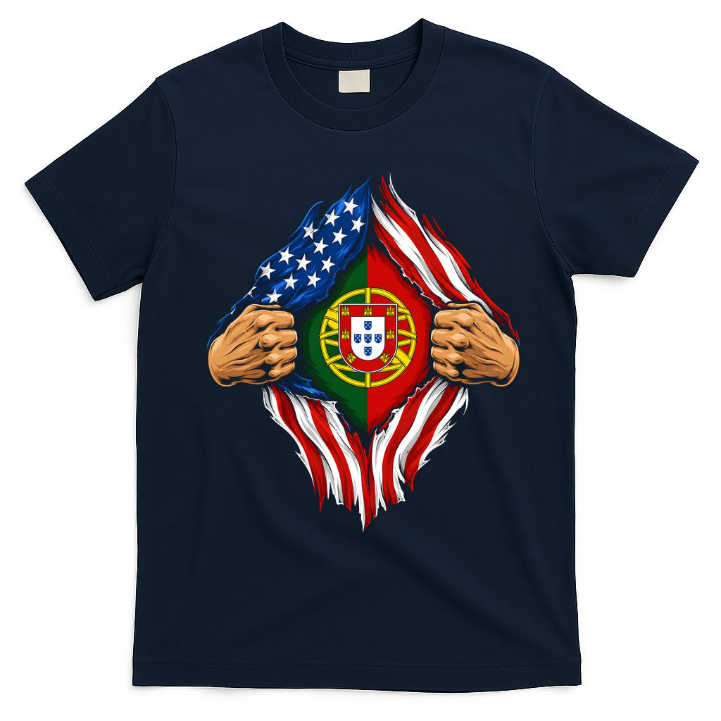 Super Hero American Portuguese Pride Combo Flag T-Shirt - Navy Blue