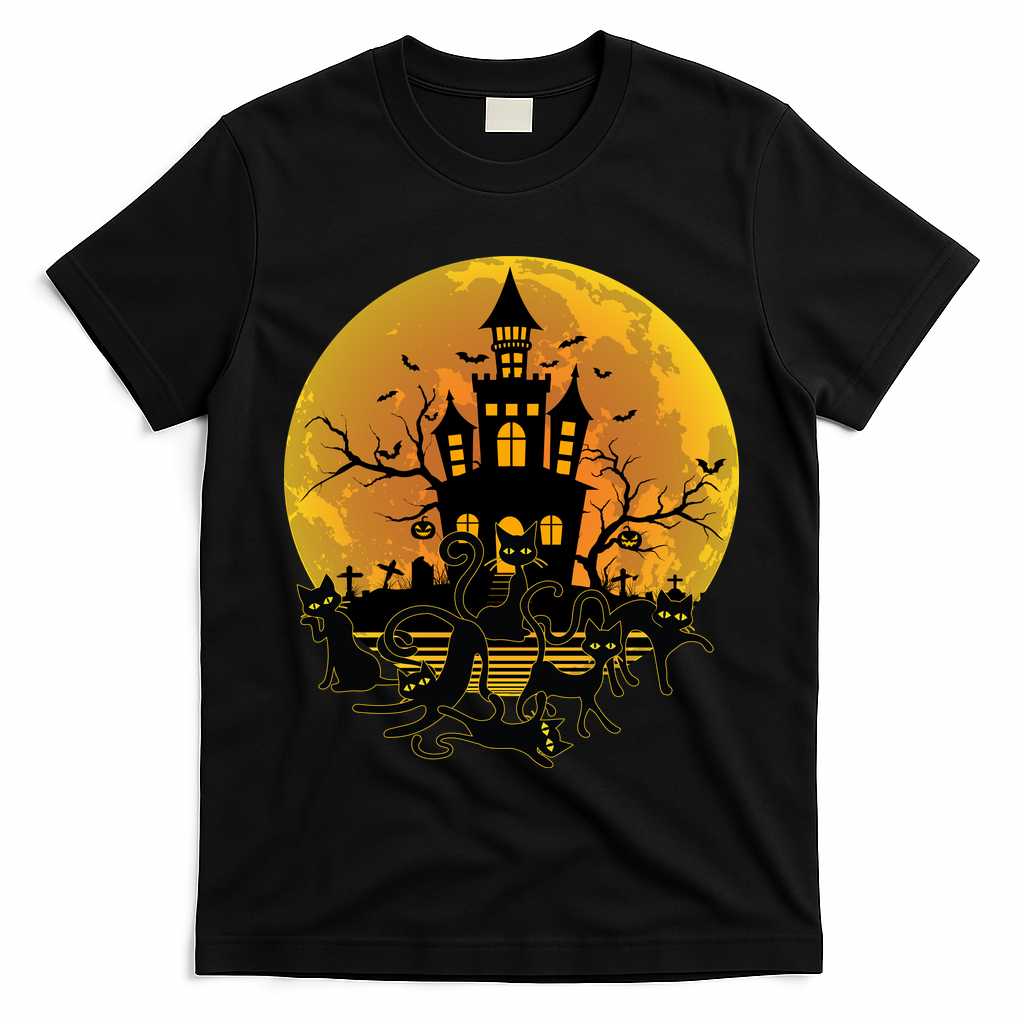 Spooky Halloween Castle Black Cats T-Shirt