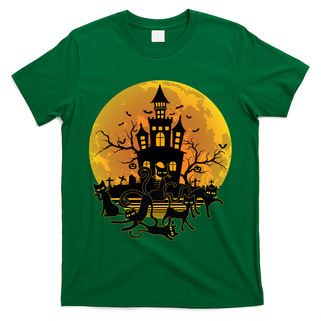 Spooky Halloween Castle Black Cats T-Shirt