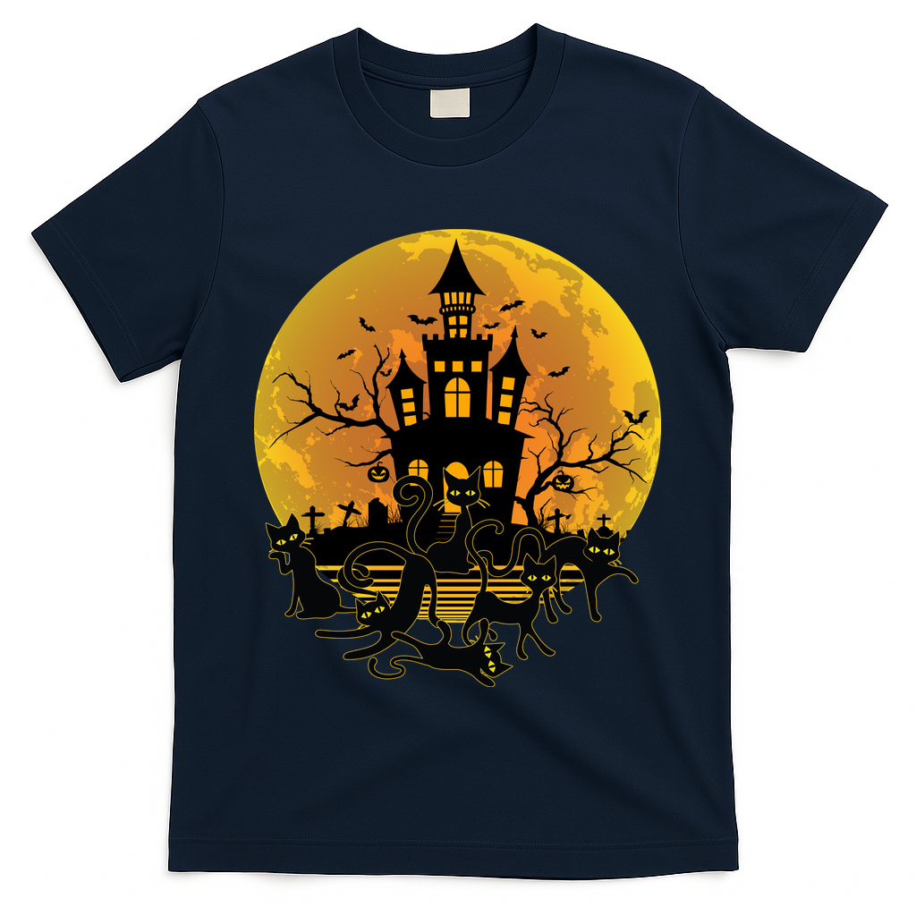 Spooky Halloween Castle Black Cats T-Shirt
