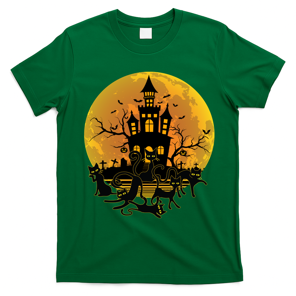 Spooky Halloween Castle Black Cats T-Shirt - Irish Green