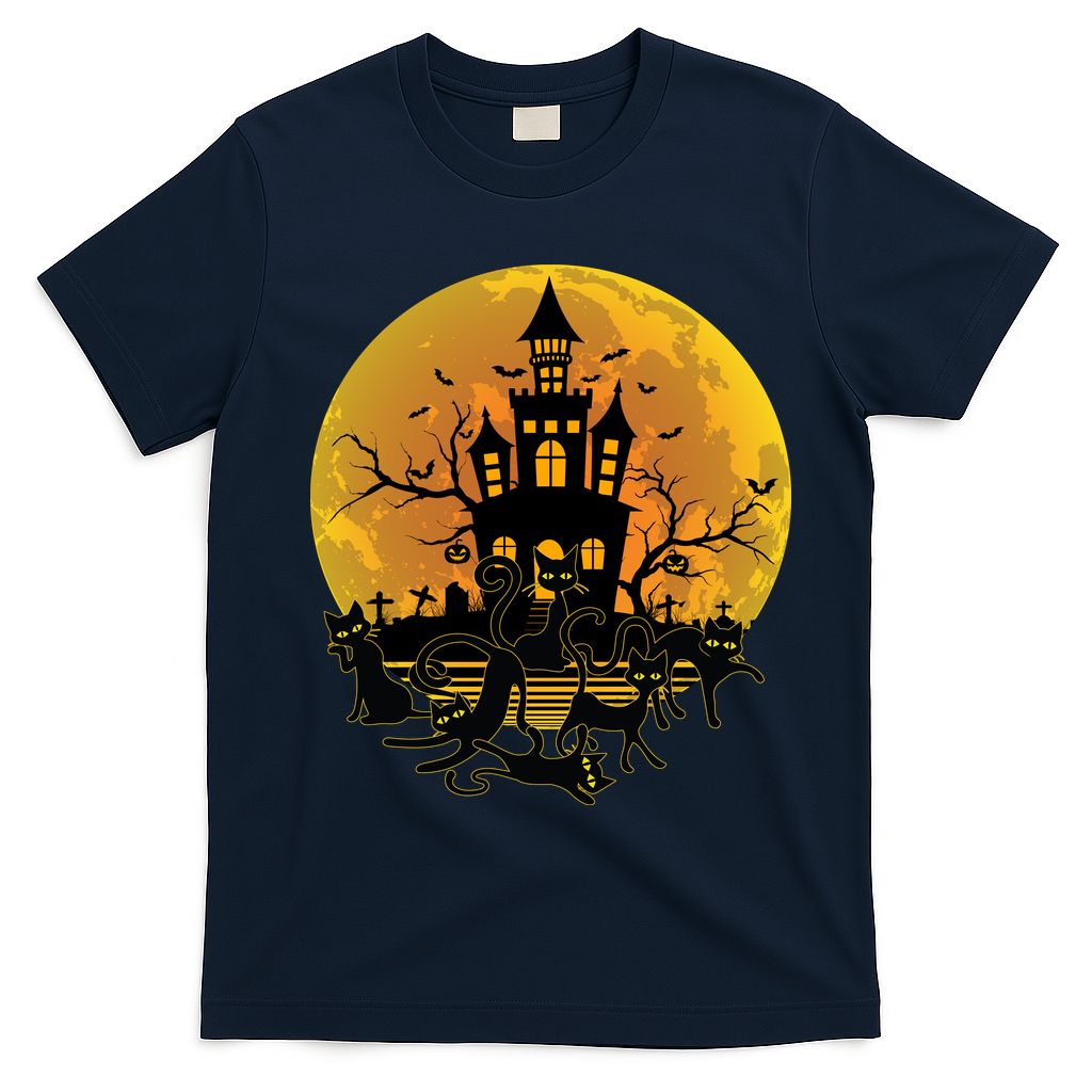 Spooky Halloween Castle Black Cats T-Shirt - Navy Blue