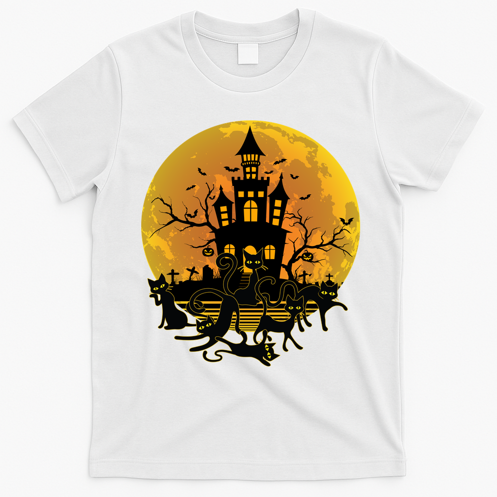 Spooky Halloween Castle Black Cats T-Shirt - White