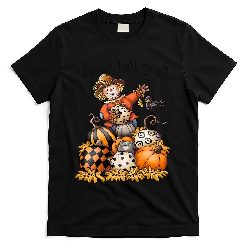 Scarecrow Happy Fall Y'all Pumpkin Thanksgiving Halloween T-Shirt - Black