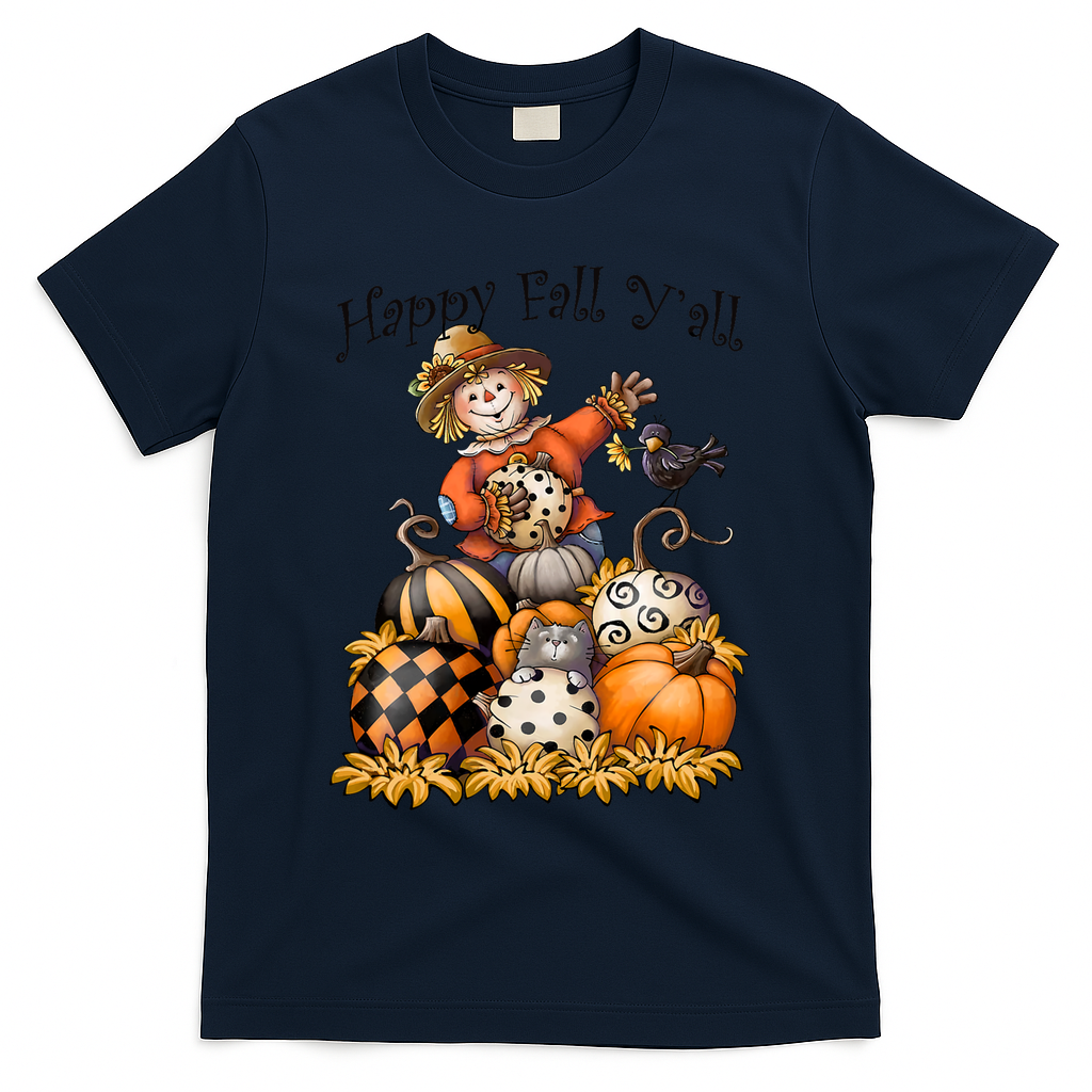 Scarecrow Happy Fall Y'all Pumpkin Thanksgiving Halloween T-Shirt - Navy