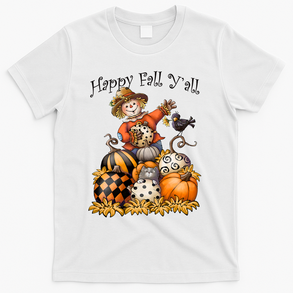Scarecrow Happy Fall Y'all Pumpkin Thanksgiving Halloween T-Shirt - White