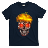 Spooky Halloween Glowing Pumpkin Skull Face T-Shirt - Navy Blue
