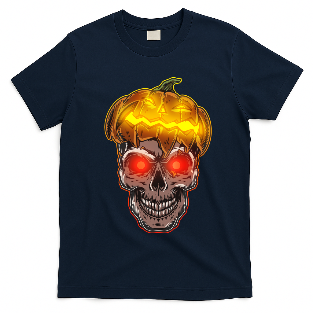 Spooky Halloween Glowing Pumpkin Skull Face T-Shirt - Navy Blue