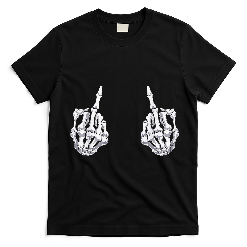 Skeleton Hand Halloween Bones Middle Finger Skull T-Shirt - Black