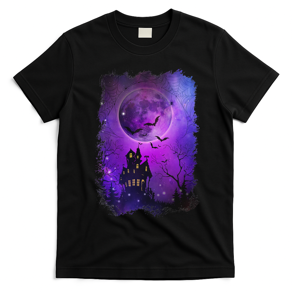 Spooky Halloween Haunted House Bats & Blood Moon Scene T-Shirt - Black