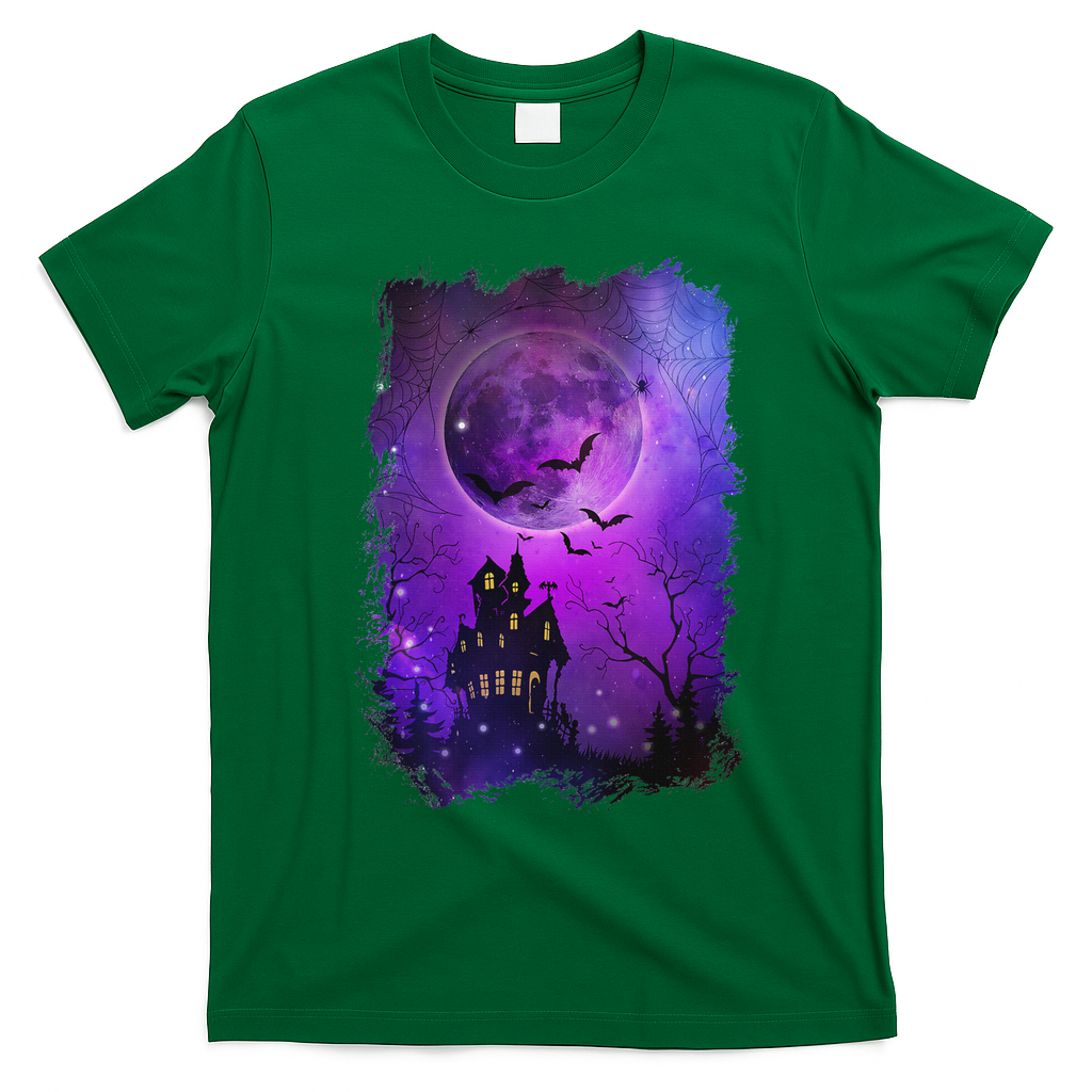 Spooky Halloween Haunted House Bats & Blood Moon Scene T-Shirt - Irish Green