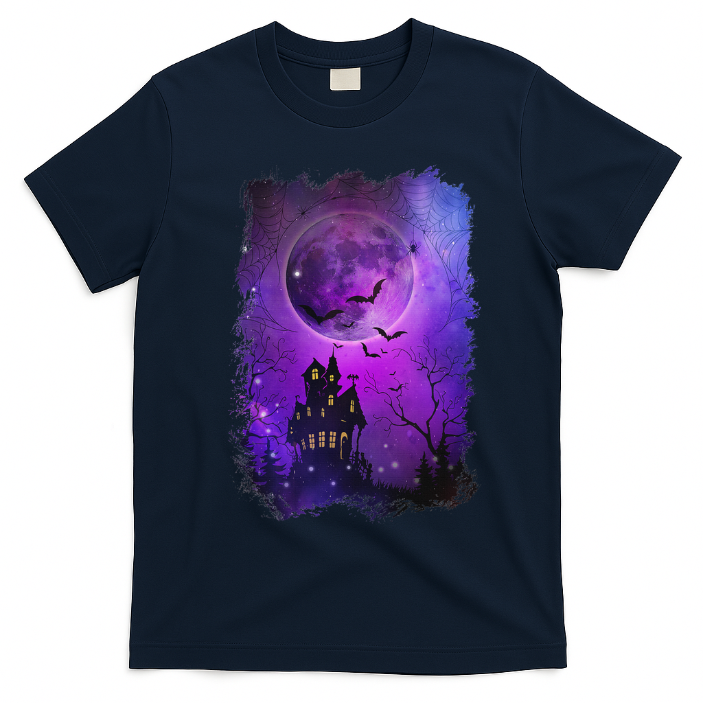 Spooky Halloween Haunted House Bats & Blood Moon Scene T-Shirt - Navy Blue