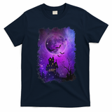 Spooky Halloween Haunted House Bats & Blood Moon Scene T-Shirt - Navy Blue