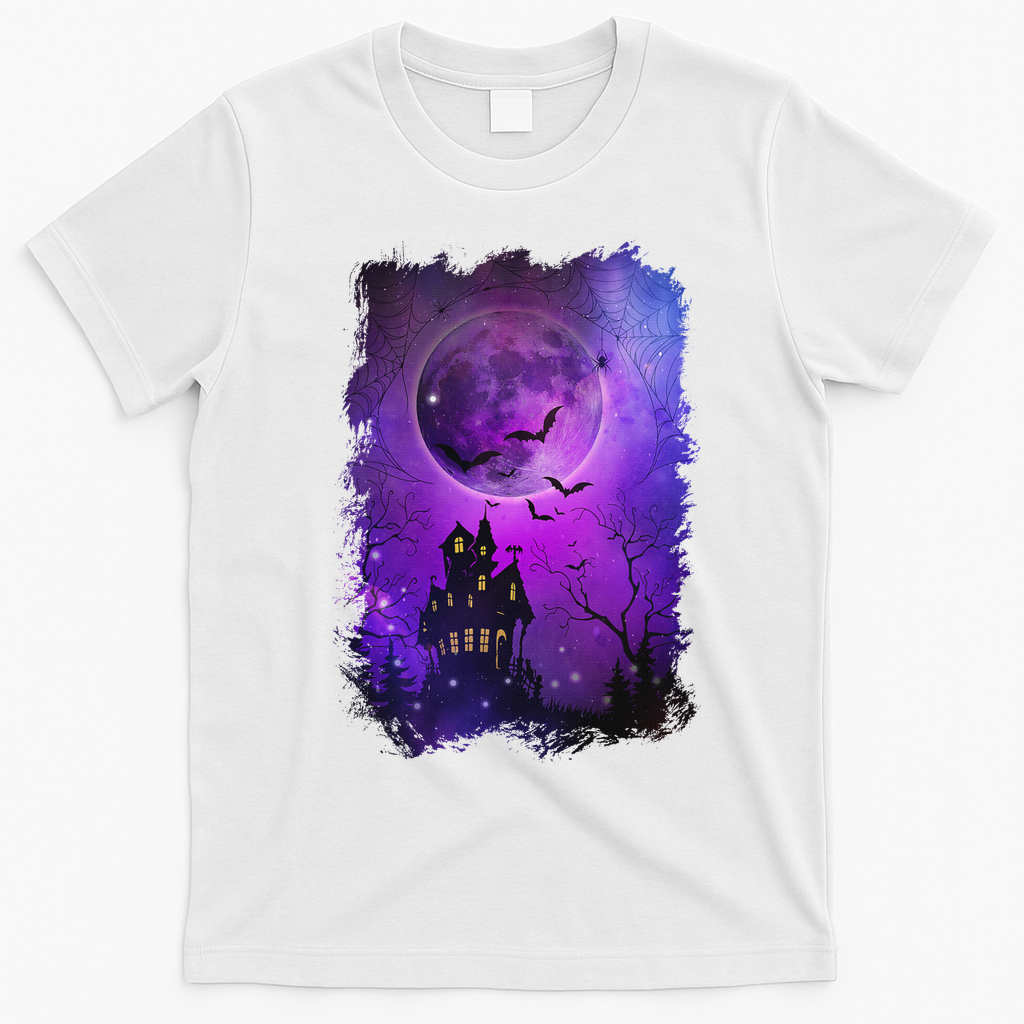 Spooky Halloween Haunted House Bats & Blood Moon Scene T-Shirt - White