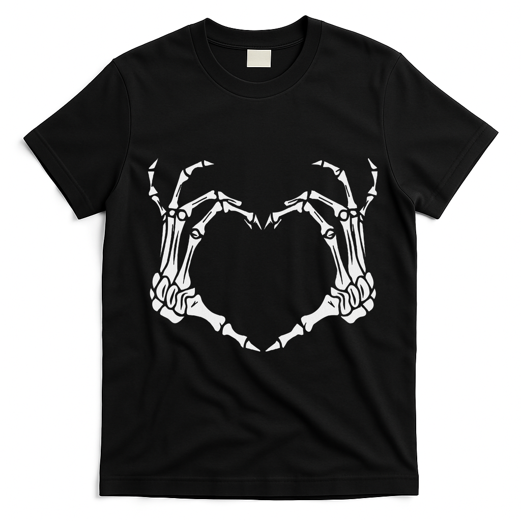 Skeleton Hand Heart Halloween Funny Bones Love T-Shirt - Black