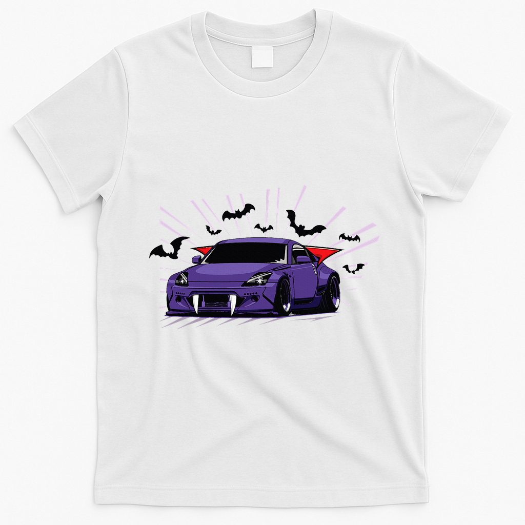 Spooky Halloween Jdm 350z Z33 Vampire Drift Car Illustrated T-Shirt - White