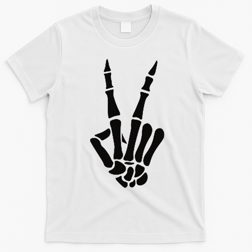 Skeleton Hand Peace Sign Bones Pocket Halloween Skeleton T-Shirt - White