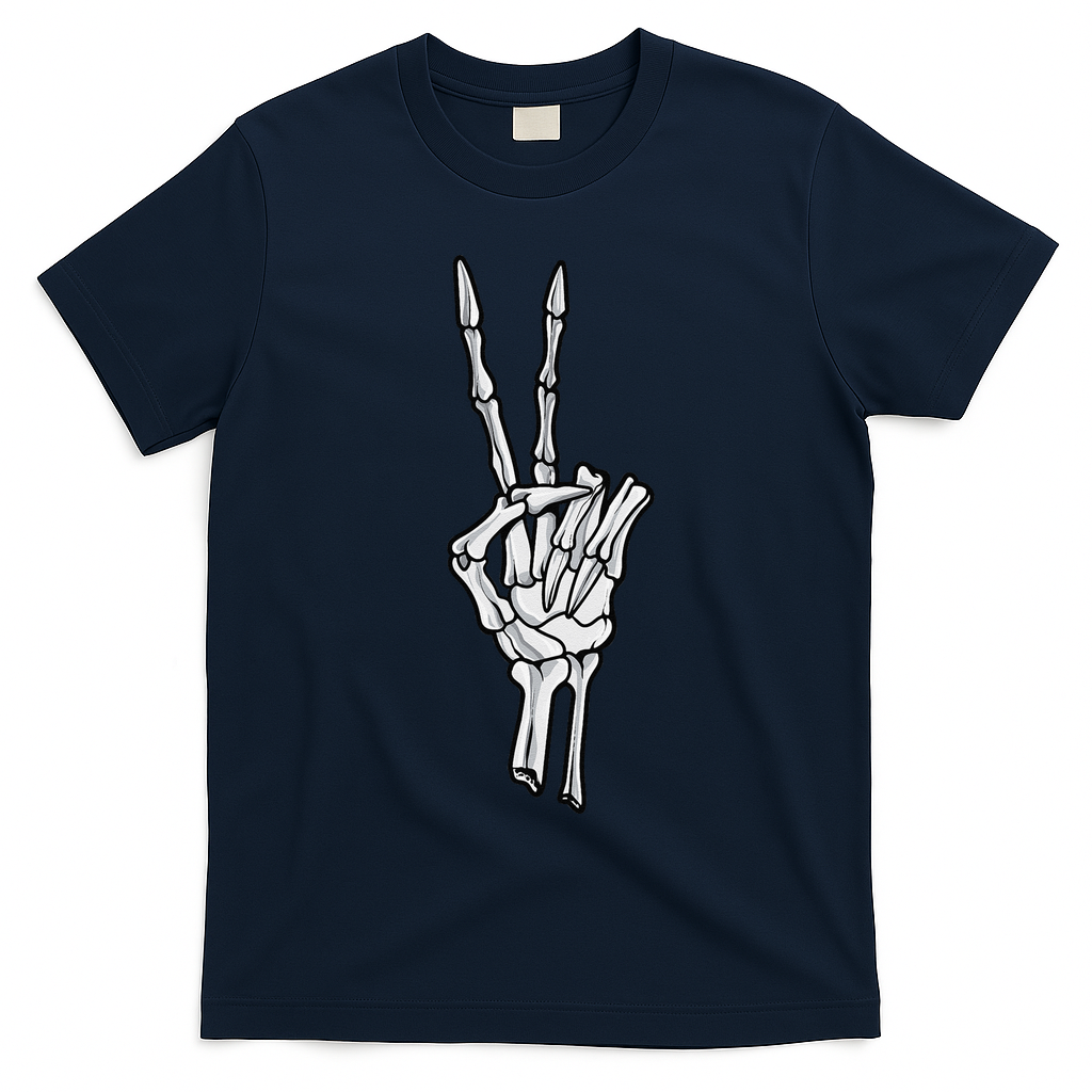 Skeleton Hand Peace Sign T-Shirt - Navy Blue