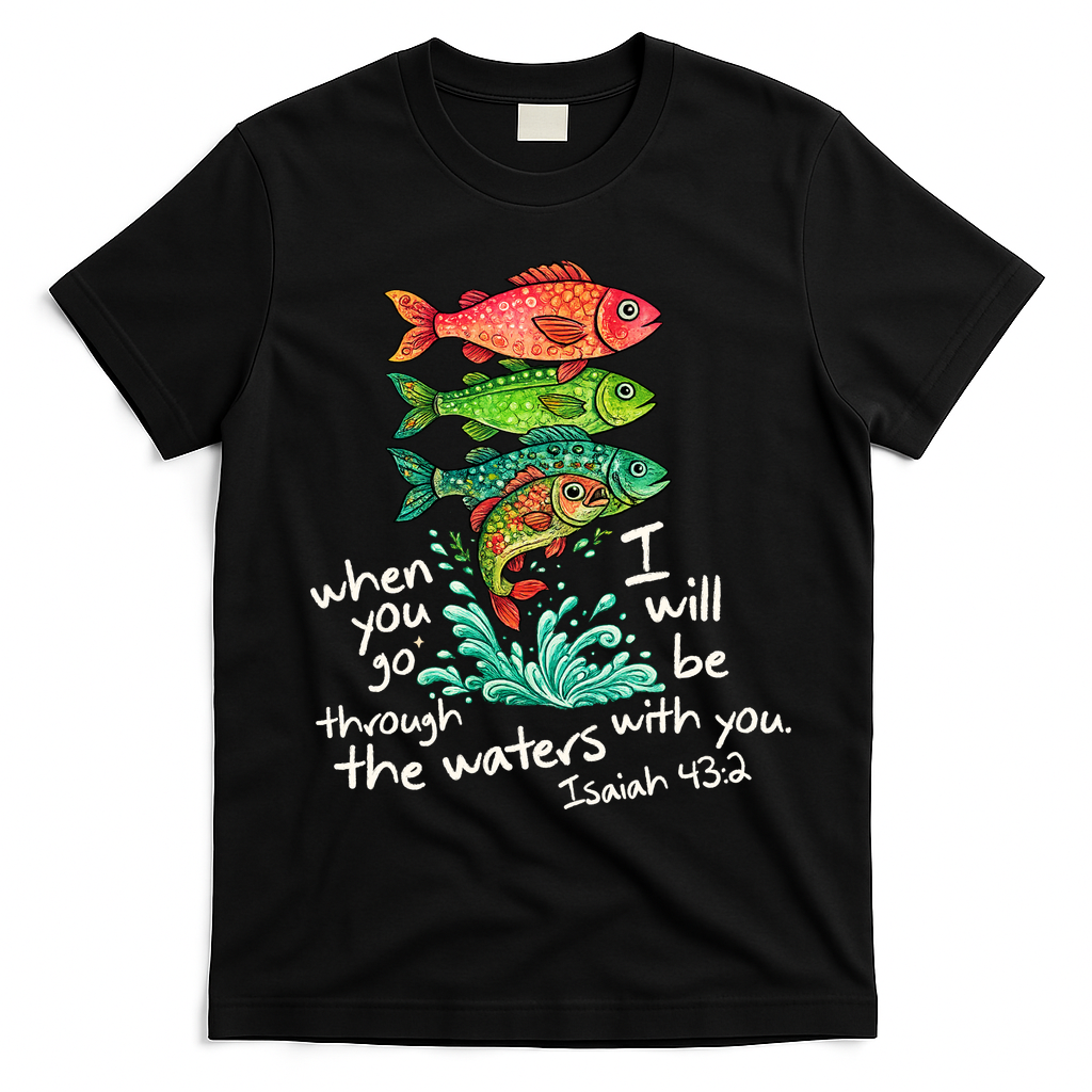 Sardines Isaiah 43:2 Scripture Faith Based Beach Fish Bible Verse T-Shirt - Black